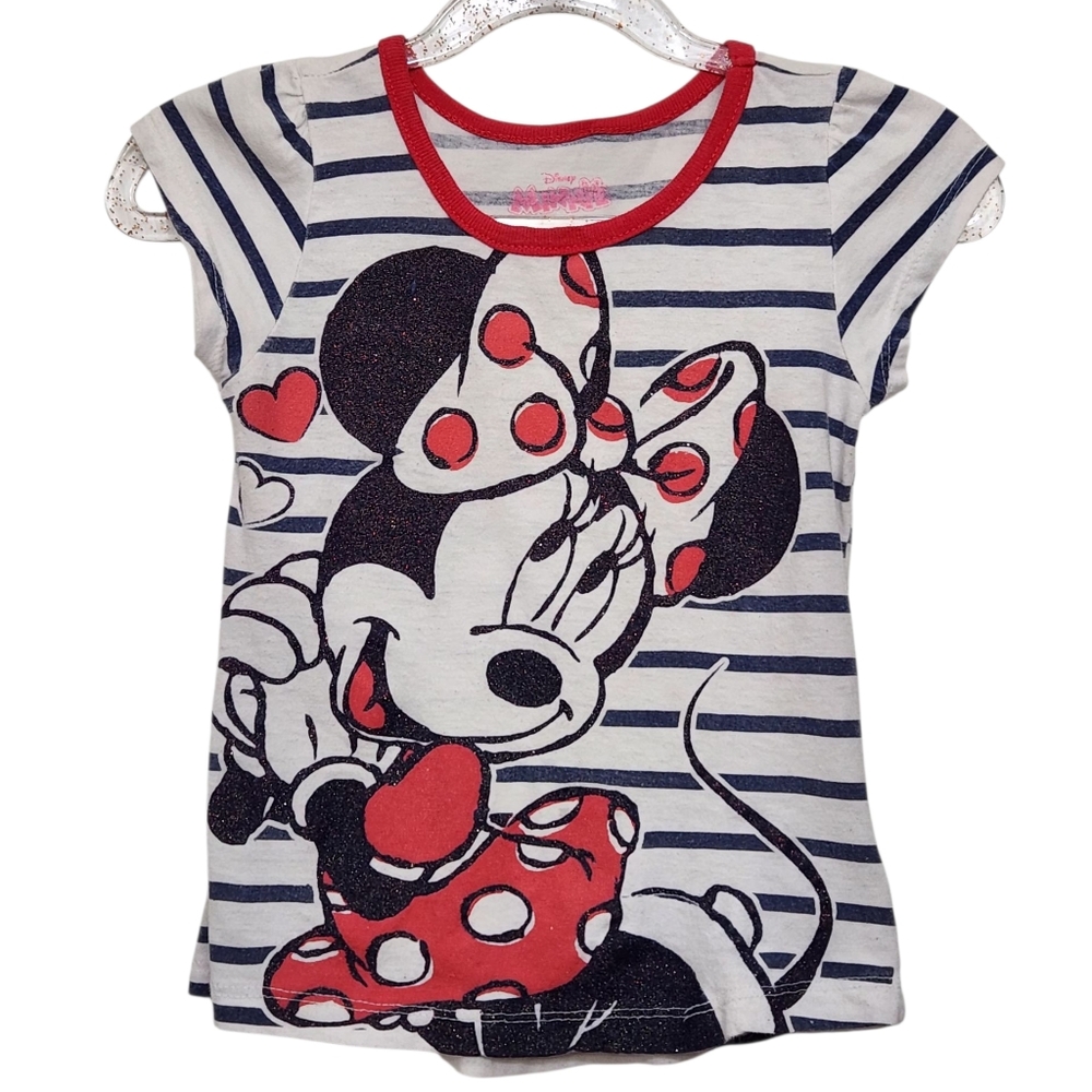 Disney Minnie Mouse & Hearts‎ Red Navy Glittery Striped Girls Short-Sleeve Top